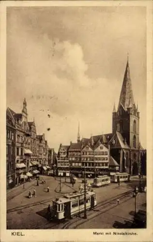 Ak Kiel, Markt, Nikolaikirche, Straßenbahnen