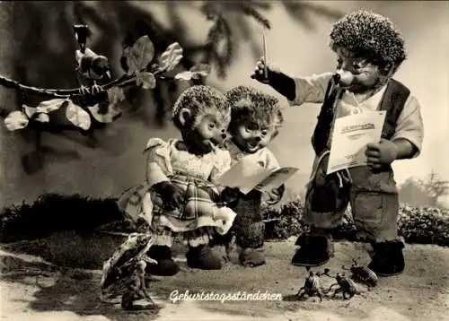Ak Mecki der Igel, Geburtstagsständchen, Igelkinder, Frosch, Mäuse, Maikäfer