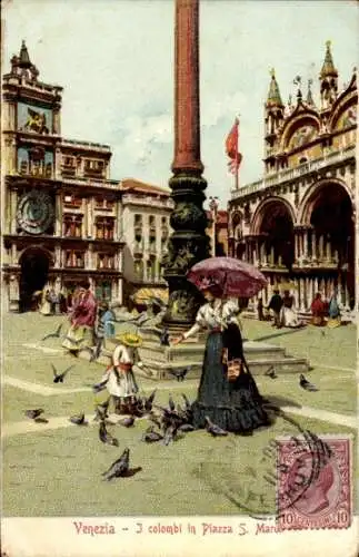 Litho Venezia Venedig Veneto, I colombi in Piazza S. Marco