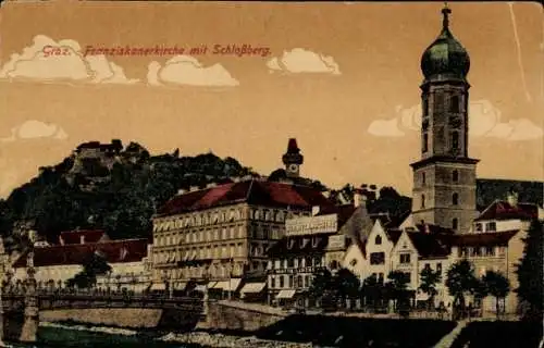 Ak Graz Steiermark, Franziskanerkirche mit Schlossberg