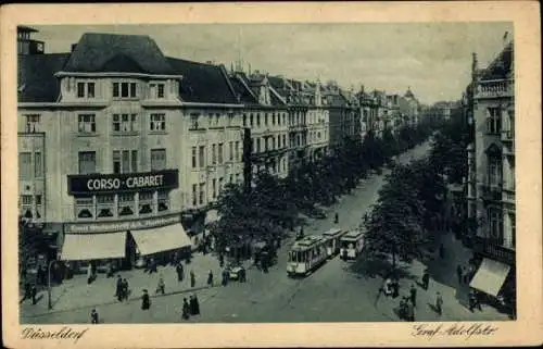 Ak Düsseldorf am Rhein, Graf-Adolf-Straße, Corso Cabaret, Straßenbahn
