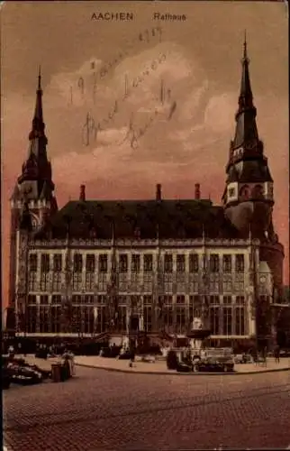 Ak Aachen in Nordrhein Westfalen, Rathaus, Abenddämmerung