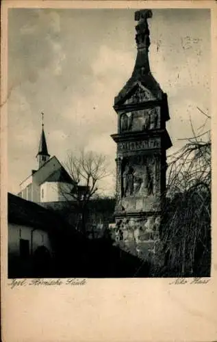 Ak Igel, Blick auf die Römische Säule, Kirche, Vorplatz