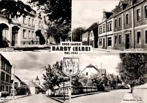 Ak Barby an der Elbe, Wappen, Breite Straße, Clara-Zetkin-Straße, Philipp-Müller-Straße