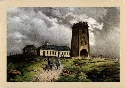 Ak Brocken Nationalpark Harz, Brockenturm, Brockenhotel, Ansichtskarte von 1845