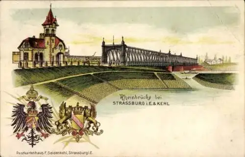 Litho Straßburg Elsass Bas Rhin, Rheinbrücke bei Kehl, Wappen