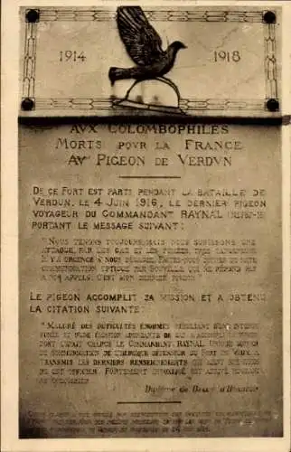 Ak Douaumont Lothringen Meuse, Fort Vaux, Schlachtfeld Verdun, Denkmal für die letzte Taube