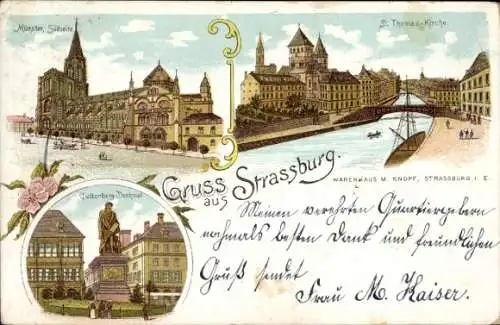 Litho Straßburg Elsass Bas Rhin, Münster, Südseite, St. Thomas-Kirche, Gutenberg-Denkmal