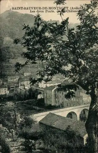Ak Saint-Sauveur-de-Montagut Ardeche, zwei Brücken, Schloss