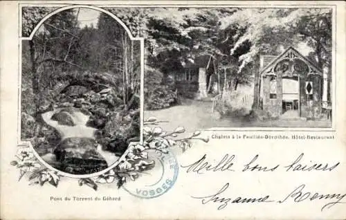 Ak La Feuillée Nouvelle Le Val d'Ajol Lothringen Vosges, Chalets, Torrent du Gehard, Brücke, Hotel