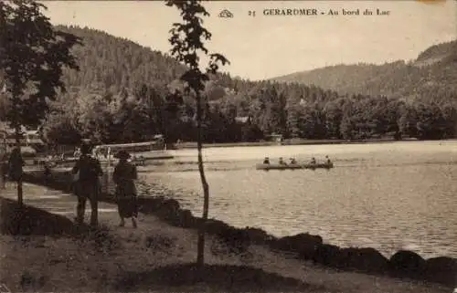 Ak Gérardmer Lothringen Vosges, See, Ruderboot, Uferweg, Spaziergänger