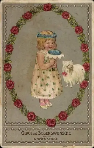 Präge Passepartout Ak Glückwunsch Namenstag, Mädchen, Hund, Rosen