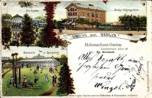 Litho Berlin Friedrichshain, Gasthof Hohenzollern, Landsberger Allee 92, Glashalle, Spielplatz