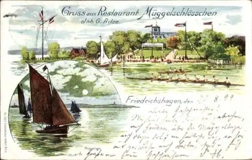 Litho Berlin Köpenick Friedrichshagen, Restaurant Müggelschlösschen, Ruderboote, Segelboot