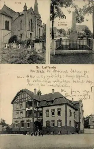 Ak Groß Lafferde Ilsede in Niedersachsen, Schule, Kirche, Kriegerdenkmal