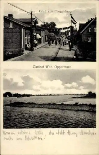 Ak Fliegenberg Stelle an der Elbe, Gasthof von Wilhelm Oppermann, Straßenpartie