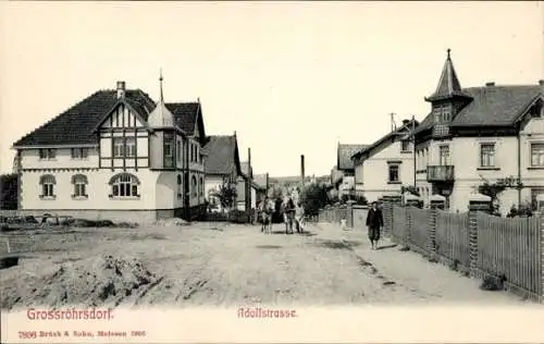 Ak Großröhrsdorf im Kreis Bautzen, Blick in die Adolfstraße, Wohnhäuser, Anwohner, Pferde