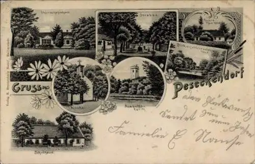 Litho Peseckendorf Oschersleben in Sachsen Anhalt, Herrschaftshaus, Aussichtsturm, Pfarrhaus