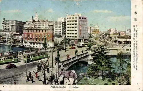 Ak Tokio Präf. Tokio Japan, Nihonbashi-Brücke, Brücke, Straßenbahnen, Geschäftshäuser