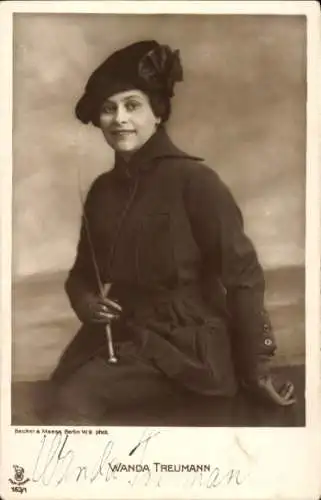 Ak Schauspielerin Wanda Treumann, Portrait, Autogramm, Hut, Stock