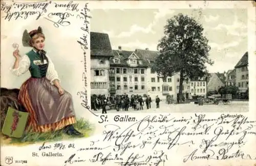Präge Passepartout Ak Sankt Gallen Stadt Schweiz, Frau in Tracht, Gallusplatz