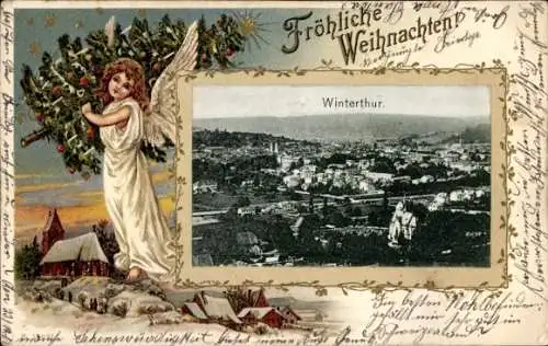 Passepartout Ak Winterthur Kt. Zürich Schweiz, Glückwunsch Weihnachten, Totalansicht, Engel