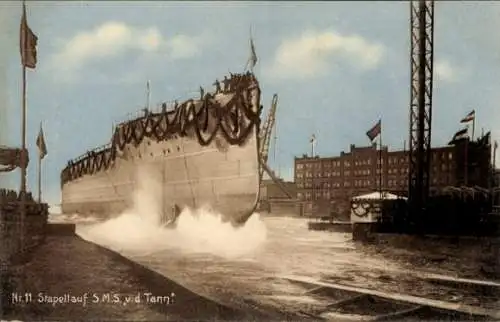 Ak Deutsches Kriegsschiff, SMS Von der Tann, Großer Kreuzer, Stapellauf, Werft