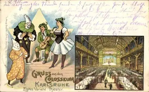 Passepartout Litho Karlsruhe in Baden, Variete Theater Colosseum, Innenansicht, Harlekin