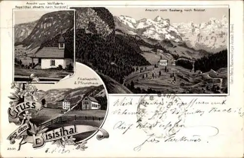 Litho Bisisthal Muotathal Kanton Schwyz, Wallfahrtskapelle, Filialkapelle, Pfrundhaus
