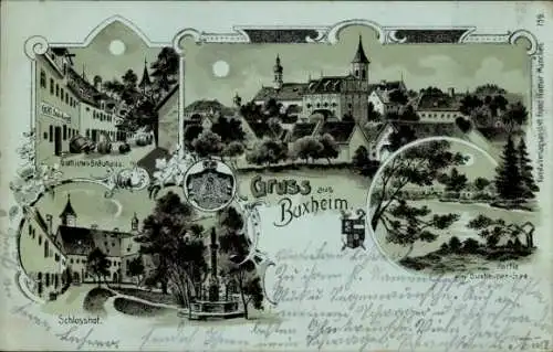 Mondschein Litho Buxheim in Schwaben, Bräuhaus, Schlosshof, Buxheimer See