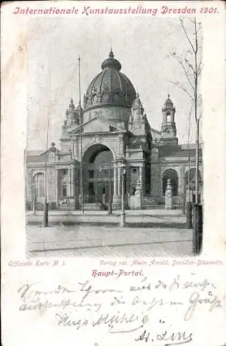 Ak Dresden, Internationale Kunstausstellung 1901, Hauptportal, Autograph Maler Hugo Mühlig