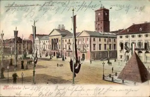 Ak Karlsruhe in Baden Württemberg, Marktplatz mit Rathaus