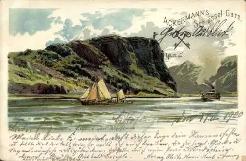 Litho Sankt Goarshausen am Rhein, Loreley-Felsen, Schiffe