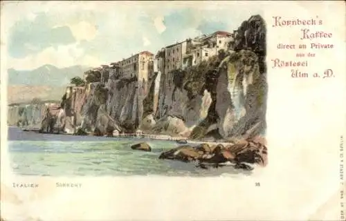 Litho Sorrento Campania, Schloss an der Steilklippe mit Meerblick, Kornbeck's Kaffee