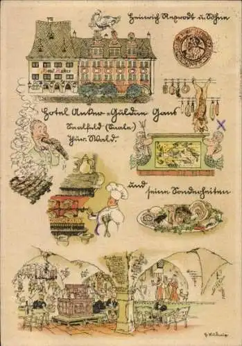 Ak Saalfeld an der Saale, Hotel Anker / Güldene Gans, Koch am Grill, Speisesaal im Gewölbe, Siegel