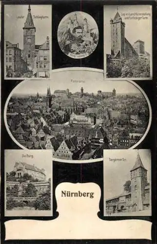 Ak Nürnberg in Mittelfranken, Schlagturm, Panorama, Burg, Tiergärtner Tor