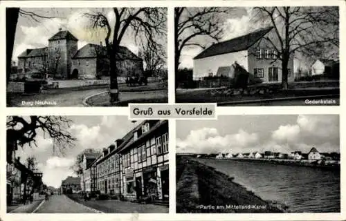 Ak Vorsfelde Wolfsburg, Burg Neuhaus, Straße mit Geschäften, Mittellandkanal, Gedenkstein