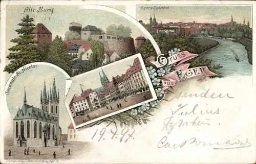 Litho Cheb Eger Region Karlsbad, Alte Burg, Kirche St. Nicolai, Marktplatz