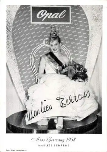 Ak Miss Germany 1958 Marlies Behrens, Schönheitskönigin, Krone, Autogramm, Opal Strumpfwerke
