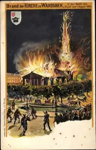Künstler Ak Hamburg Wandsbek, Brand der Kirche, 31 Juli 1898
