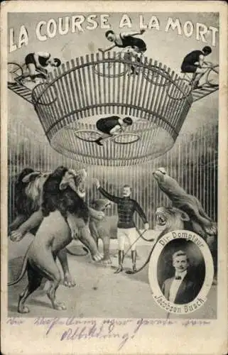 Ak Zirkus, Direktor und Dompteur Jacobsen Busch, Todesrad, Löwen, Seehund