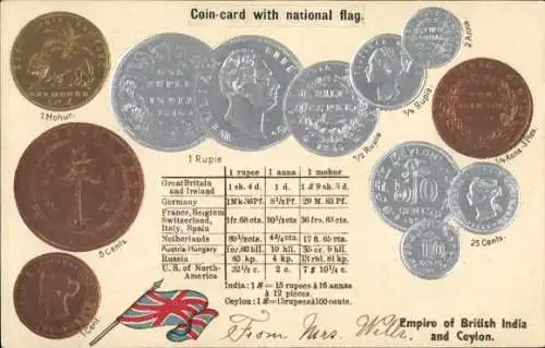 Präge Ak British India and Ceylon, Münzen, Flagge, Cents, Rupie, Umrechnung, Währung