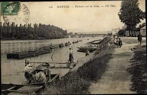 Ak Mantes Yvelines, Pêcheurs sur la Seine