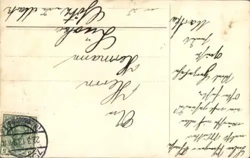 Ak Glückwunsch Ostern, Kind auf Lamm reitend, Vergissmeinnicht, Weidenkätzchen, Glocken