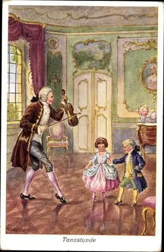 Künstler Ak Kaskeline, Tanzstunde, Kinder, Tanzlehrer mit Violine