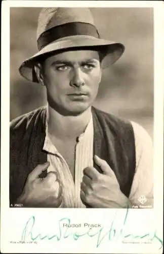 Ak Schauspieler Rudolf Prack, Portrait mit Hut, Ufa Film, Foto Baumann, A 35631, Autogramm