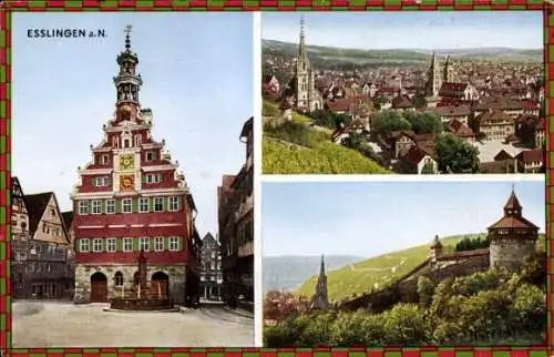 Ak Esslingen am Neckar Baden Württemberg, Altes Rathaus, Stadtpanorama, Burg