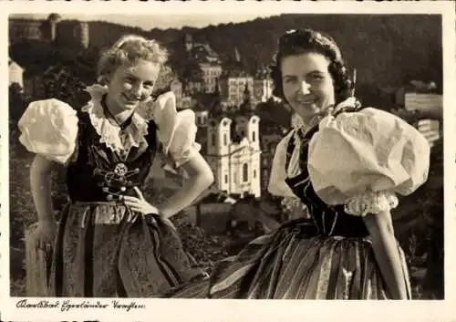 Ak Karlovy Vary Karlsbad Stadt, Egerländer Trachten, Frauen in Tracht, Portrait