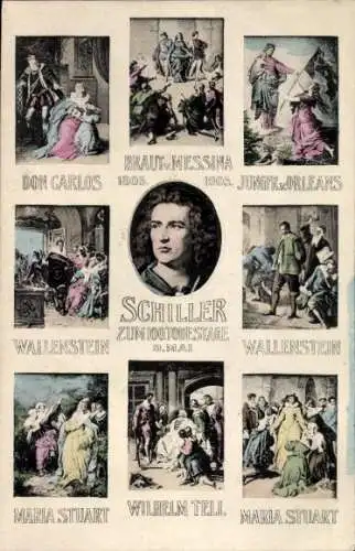 Ak Dichter Friedrich Schiller, zum 100. Todestag 1905, Don Carlos, Wallenstein, Maria Stuart