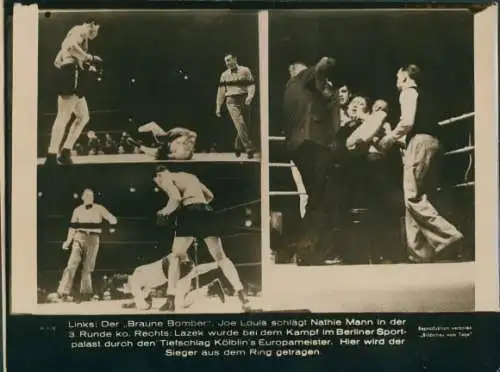 Foto Boxkampf, Joe Louis schlägt Nathie Mann KO, Lazek, Kölblin, Berliner Sportpalast